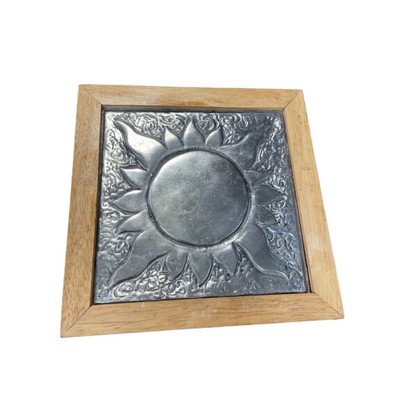 Decorative rubber Wood Framed silver metal sun design wall art decor 8x8x1 SKU 9 - Picture 11 of 11
